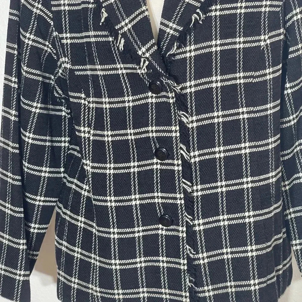 First option black white checkered plaid blazer fringe collared size medium - Picture 4 of 6